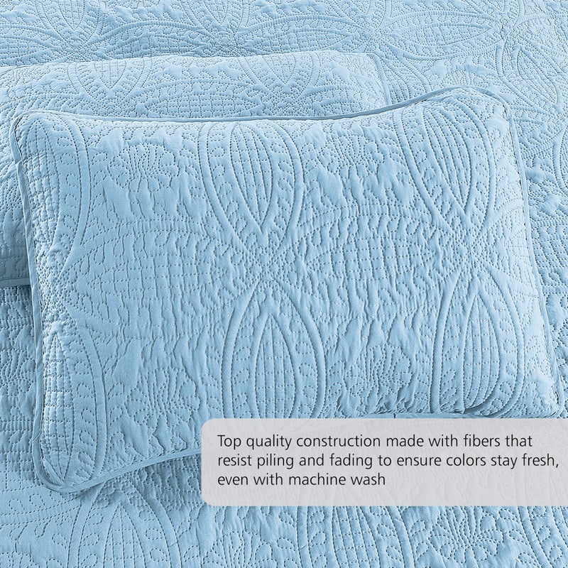 Pure Bedding Quilt Set King/California King Size Sky Blue - Oversized Bedspread - Soft Microfiber Lightweight Coverlet for All Season - 3 Piece Includes 1 Quilt and 2 Shams, Geometric Pattern - Image 3